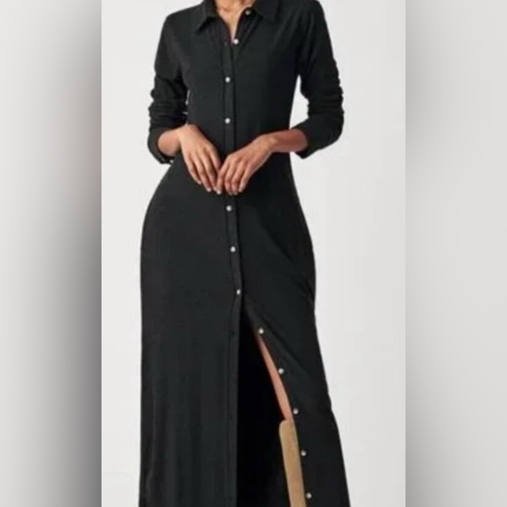Faherty Black Long Sleeve Button-Front Maxi Dress